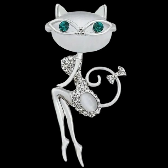 Designer Inspired Jewelry - Green eyes Rhinestone Crystal Faux Opal Kitty Cat Eye Glasses Brooch, Lapel, Pin